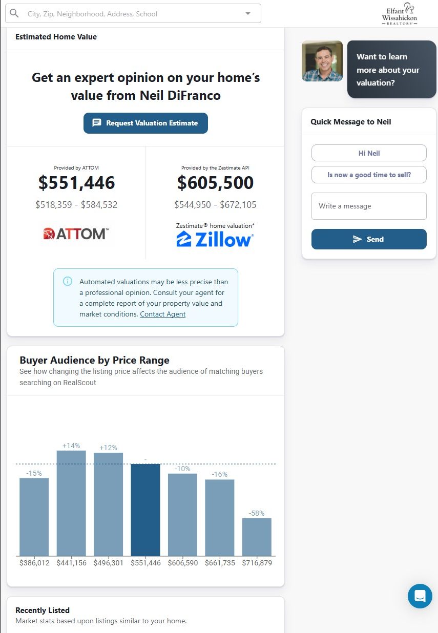 Sample RealScout home value estimate, showing instant value range and local market details